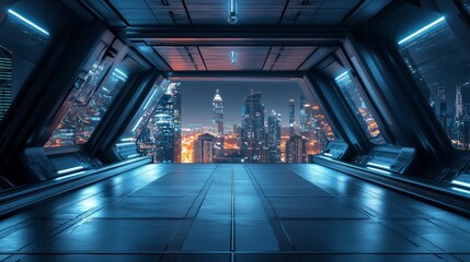 Poster - Futuristic spaceship interior with city skyline view at night.