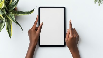 Aufkleber - Overhead view of hands using a tablet with blank screen.