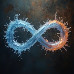 Poster - Artistic illustration features infinity symbol created from water, fire elements on dark grunge background. Eternity, balance, harmony, duality. Ideal for various design projects, art prints,