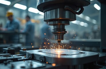 Aufkleber - CNC milling machine in action, crafting metal parts with sparks in factory workshop. Engineers working in background. Modern tech, automation of production, machine-building. Precision manufacturing.