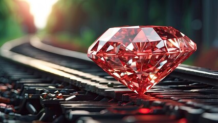 A large, faceted red gemstone resting on railroad tracks