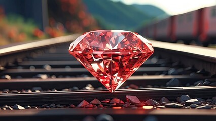 A large, faceted red gemstone resting on railroad tracks