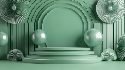Poster - Abstract green podium with geometric shapes and spheres for product display.
