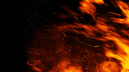 Wall Mural - texture of burn fire with particles embers. flames on isolated black background. texture overlays fo