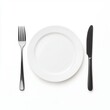 © CoreVisuals - A minimalist table setting featuring a white plate, a silver fork, and a black knife, arranged symmetrically on a plain background.