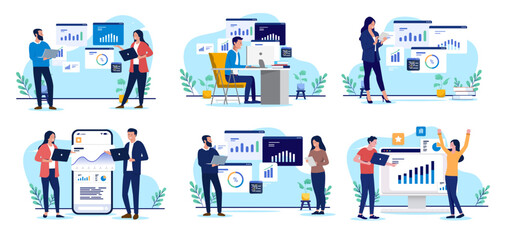 Leinwandbilder - Businesspeople with business charts, data and graphs vector collection -  Set of illustrations with people analysing and looking at company results and financial information in flat design style