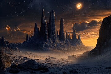 alien landscape featuring sharp rock formations under a celestial sky