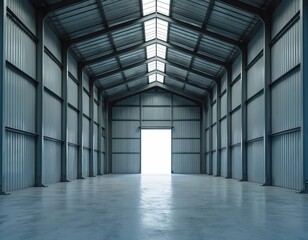 Poster - Empty warehouse industrial hall space. Metal structure, high ceiling. Open door, bright light. Urban architecture, modern design. Room interior, minimalist industrial backdrop. Warehouse