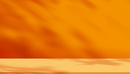 Fototapete - Light and shadow leaf on orange background.Vector mockup 3d podium with natural abstract sunbeams,foliage overlay on yellow floor for Autumn,Fall season