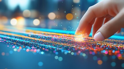 Womans hand touching digital data.