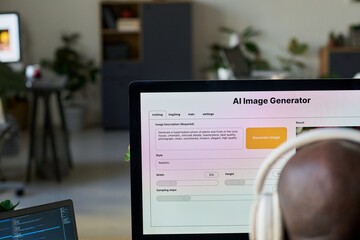 Fototapete - Image generator on screen of desktop computer standing in front of young African American male designer in headphones