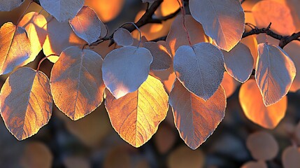 Frosty Leaves Catching Sunlight on a Tree Branch During Winter