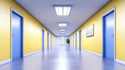  Long Corridor with Yellow Walls and Blue Doors - Modern architecture, minimalist design, clean lines, bright lighting, and tranquil atmosphere. Symbolizing efficiency, order, clarity, progress