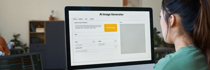 Fototapete - Header of young female designer sitting in front of desktop computer with AI image generator on screen in modern office