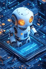 Wall Mural - futuristic robot exploring digital technology on a glowing circuit board