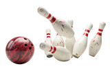 bowling ball hits bowling pins isolated on white background, PNG