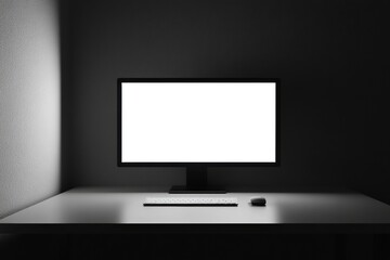 Poster - Sleek desktop monitor in minimalistic workspace with bright white screen and soft shadows creating a clean professional style