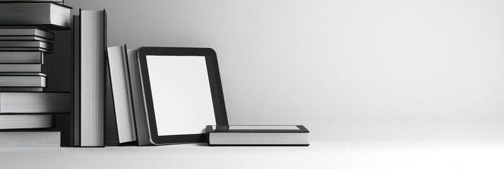 Poster - Stylish monochrome educational background featuring books and digital tablet on a soft gradient backdrop, perfect for modern learning environments