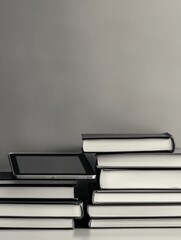Poster - Stylish monochrome education background with books and digital tablet on a soft gradient backdrop for a modern learning environment