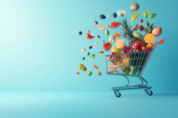 Poster - Colorful shopping cart filled with fresh produce and groceries in a vibrant supermarket setting