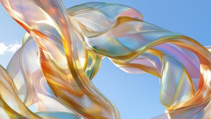 Wall Mural - flowing iridescent fabric against a clear blue sky backdrop