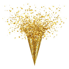 Gold glitter party popper PNG with exploding confetti in sparkling festive celebration style