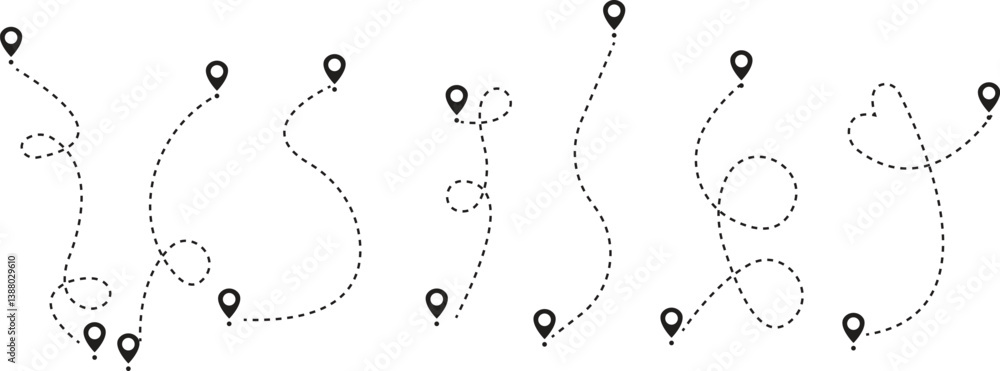 Location routes icon set. Route vector between two points with dotted ...