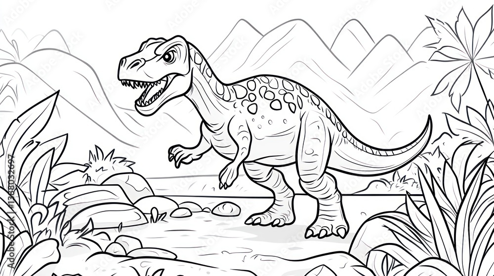 Dinosaur coloring page, prehistoric landscape, coloring book ...