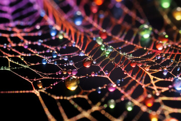 
Macro shot of dew on a spiderweb, sunlight creating rainbow refractions, black background