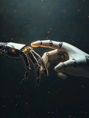 Poster - Modern collage depicting human hand reaching towards robotic hand in a confrontation between human and artificial intelligence