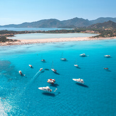 Wall Mural - aerial view of luxury yachts and boats on blue sea in summer. travel in sardinia, italy. top drone v