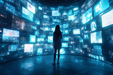 a woman stands in a futuristic room surrounded by massive digital screens displaying social media, v