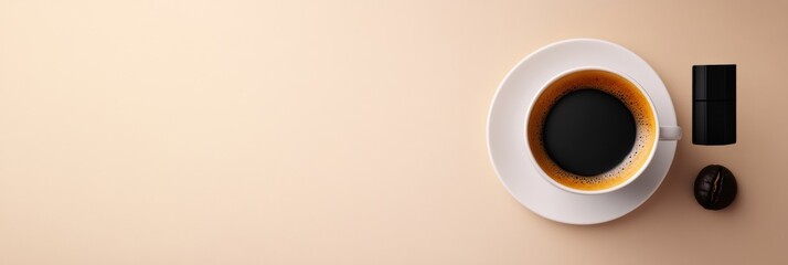 Leinwandbilder - Espresso in a white ceramic cup on a soft neutral background with coffee bean