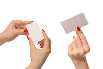 empty card in woman hand with red nails isolated on a white background.