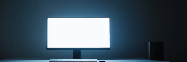 Poster - Minimalistic workspace featuring a sleek desktop monitor with a bright screen and clean professional style at night
