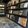 © AI COLLECTION ZONE - displays of granite and ceramic tile samples at the modern store.