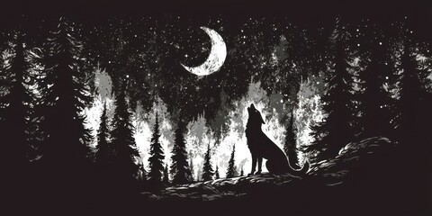 Wall Mural - a dog is standing on a hillside looking up at the moon