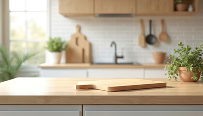 Modern kitchen interior. Light-colored countertop, cutting board on. Blurred background of cooking utensils, decor items for stylish look. Kitchen design for culinary tech, food prep blogs, articles.