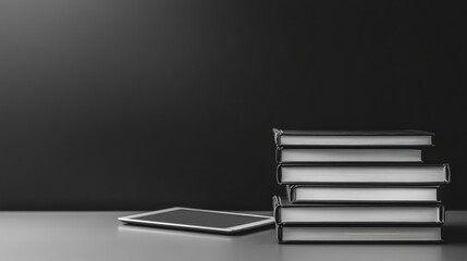 Poster - Stylish monochrome education-themed setup featuring stacked books and a digital tablet against a soft gradient backdrop