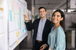 © fizkes - Two happy male and female business colleagues standing together at scrum board with sticky notes, looking at camera, smiling, posing for corporate portrait, enjoying teamwork, collaboration