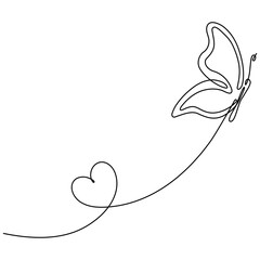 Wall Mural - Butterfly flying continuous line art drawing. Cute butterfly with curve line and heart shape. Vector illustration isolated on white.