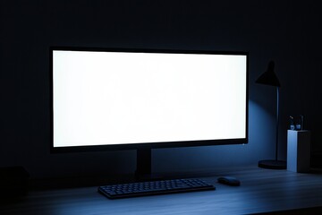 Fototapete - Sleek desktop monitor on minimalistic workspace with bright white screen providing a clean and professional environment for work or creativity