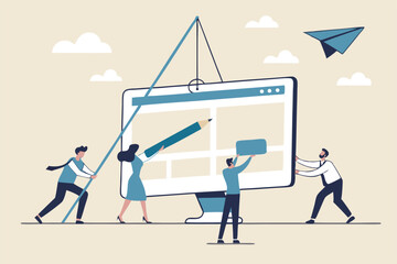 Website development, build homepage layout or html designer, SEO search engine optimization or site template creation concept, business people help carry web banner create website on computer screen.