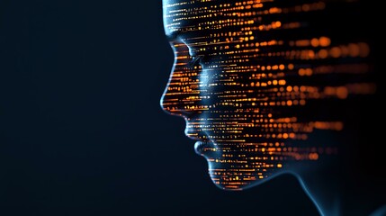 Digital profile silhouette with glowing orange code pattern overlay against dark background, representing artificial intelligence and machine learning technology.