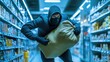 © Pannin - Emergency theft in progress in supermarket setting, masked robber in mid-run holding large sack