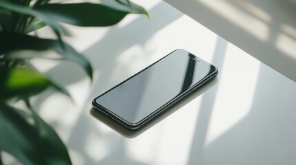 Fototapete - Sleek modern smartphone on a pristine white surface showcasing minimalist technology in diffused lighting