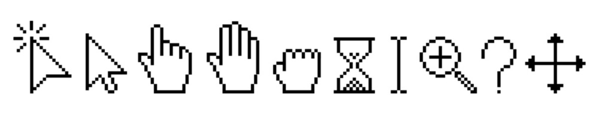 Fototapete - Pixel cursor icon set, mouse click cursor, hourglass, magnifier, question mark, increase