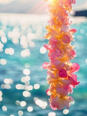 Leinwandbilder - Vibrant Hawaiian floral lei floats gracefully in crystal-clear ocean under warm golden sunlight reflecting on tranquil waters