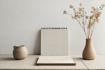Aufkleber - Modern desk calendar with blank grid and soft neutral tones on minimalist workspace with vase and dried flowers in stylish composition