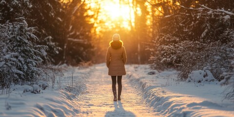 Wall Mural - woman walking down snowy path